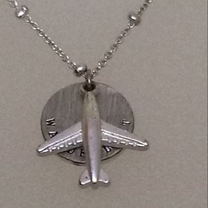Wanderlust Silver Tone Airplane & Disc Pendant Necklace